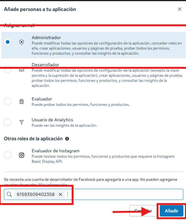 Elegir rol Administrador, pegar el ID y pulsar Añadir